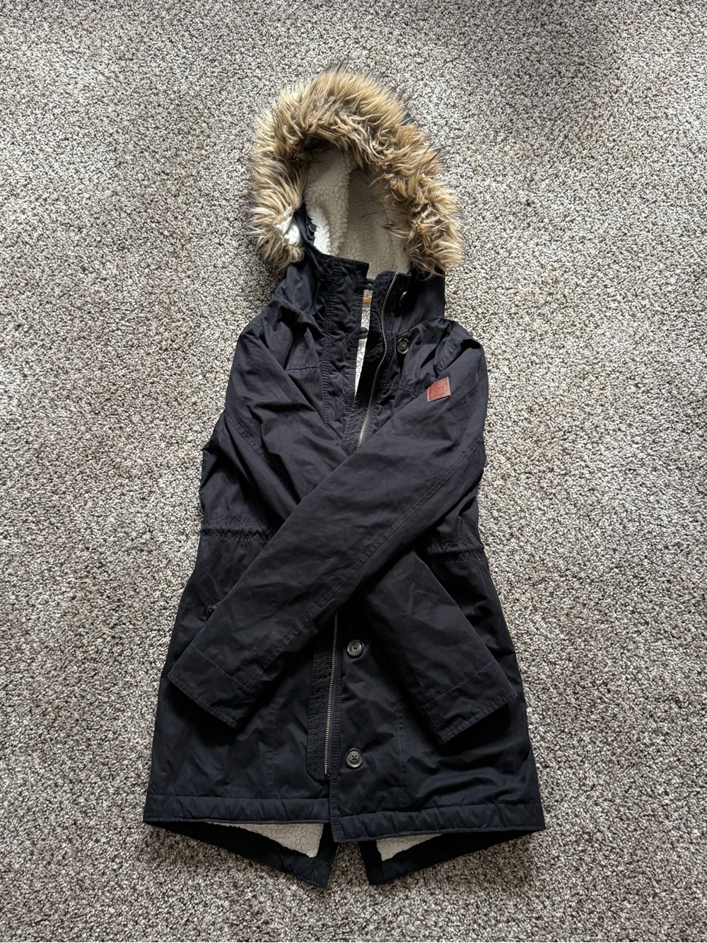 Hollister Women's Black Hooded Faux Fur Trim Sherpa Lined Parka Jacket XS